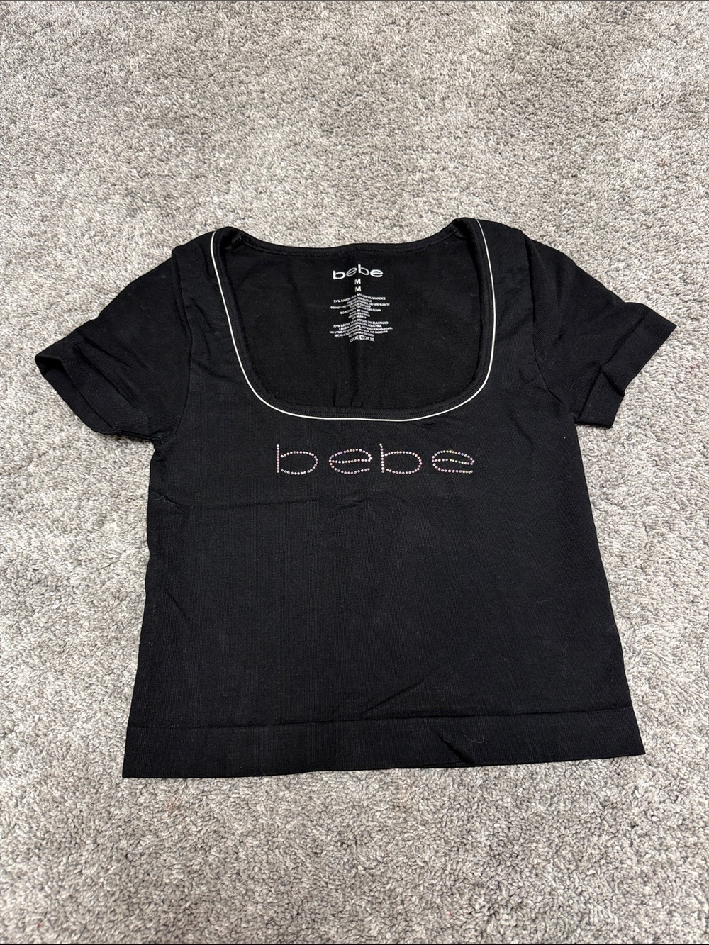 bebe Black Scoop Neck Short Sleeve Top with Rhinestone Logo